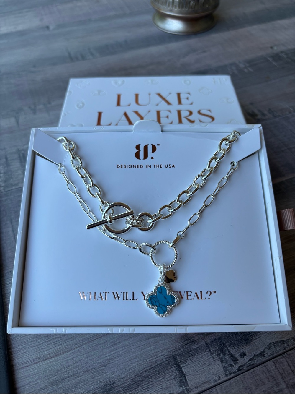 Bomb Party 2026 Luxe Layers Silver Necklace with Blue Clover Pendant NWT